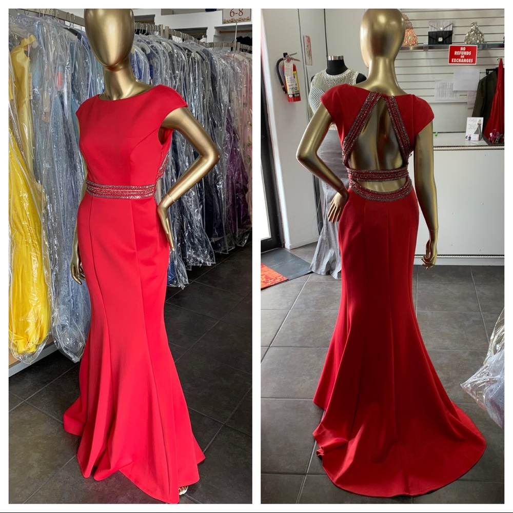 Scuba evening gown w/ cap sleeves embellished belt